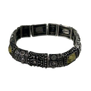 Chicos Stretch Bracelet Rhinestones Silver Tone Flourish Metal Ornate Textured